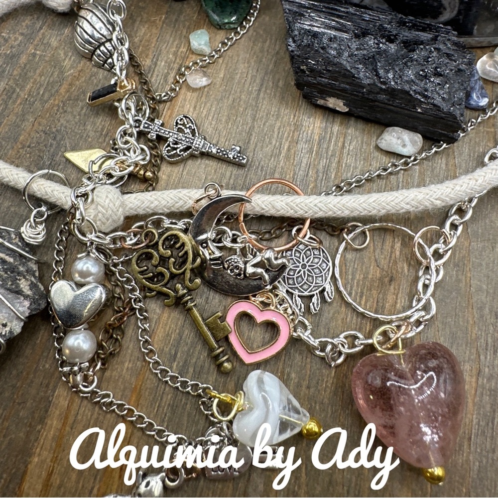 Maximalism chunky ametrine heart rhodonite layered multi charms necklace - Picture 8 of 8